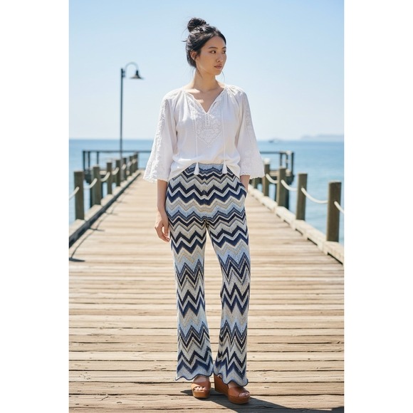 En Crème Pants - En Creme Women Blue Chevron Zig Zag Knit Wide Leg Boho Pants Small NEW